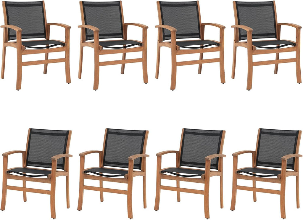 OC Orange-Casual Acacia Wood Patio Dining Chairs Set (Black, 8 Pieces) | Outdoor Chair Set with Breathable Textilene Fabric, Metal Support Bars, Curved Armrest, Supports 350lbs For Lawn, Garden