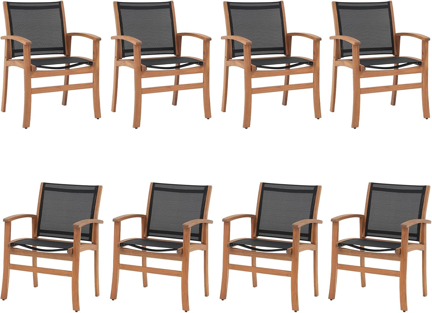 OC Orange-Casual Acacia Wood Patio Dining Chairs Set (Black, 8 Pieces) | Outdoor Chair Set with Breathable Textilene Fabric, Metal Support Bars, Curved Armrest, Supports 350lbs For Lawn, Garden