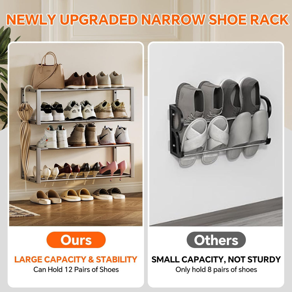Homeiju Hanging Shoe Organizer,2 Pack Wall Mounted Shoe Rack Holds 12 Pairs,Space Saving Metal Wall Shoe Rack,Hanging Shoe Rack Shoe Holder for Small Space,Entryway,Closet,RV,Camper (Silver)