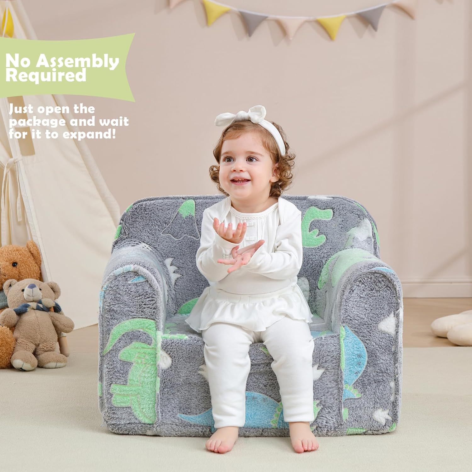 Toddler Chair,Kids Armchair,Kids Foam Chair,Toddler Couch,Glow Dino | Comfy kids armchair,toddler reading chair,kids foam chair,glow-in-the-dark dino,removable cover, no assembly