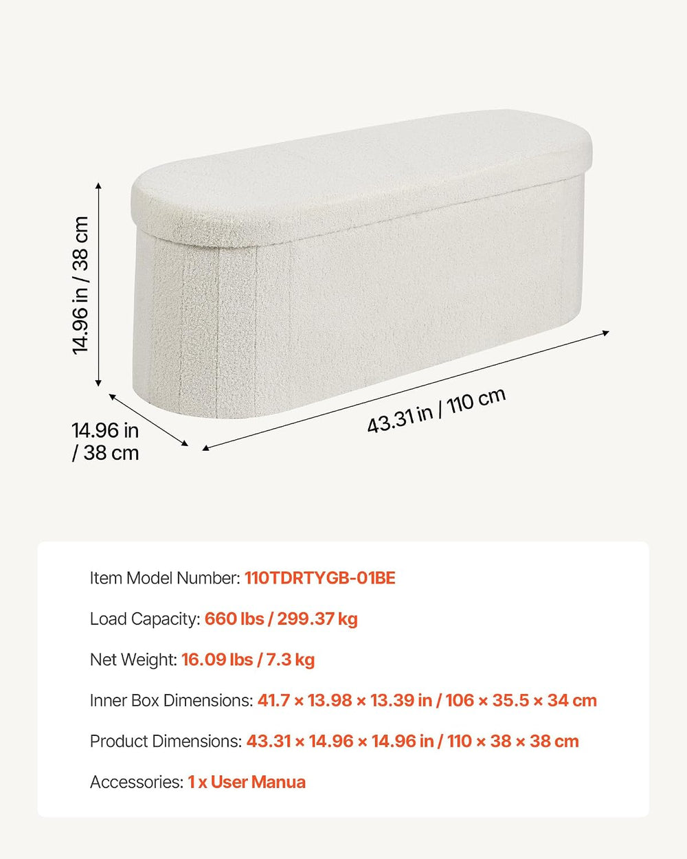 VEVOR Oval Storage Ottoman Bench, Foldable Teddy Fleece End of Bed Bench, Fol...