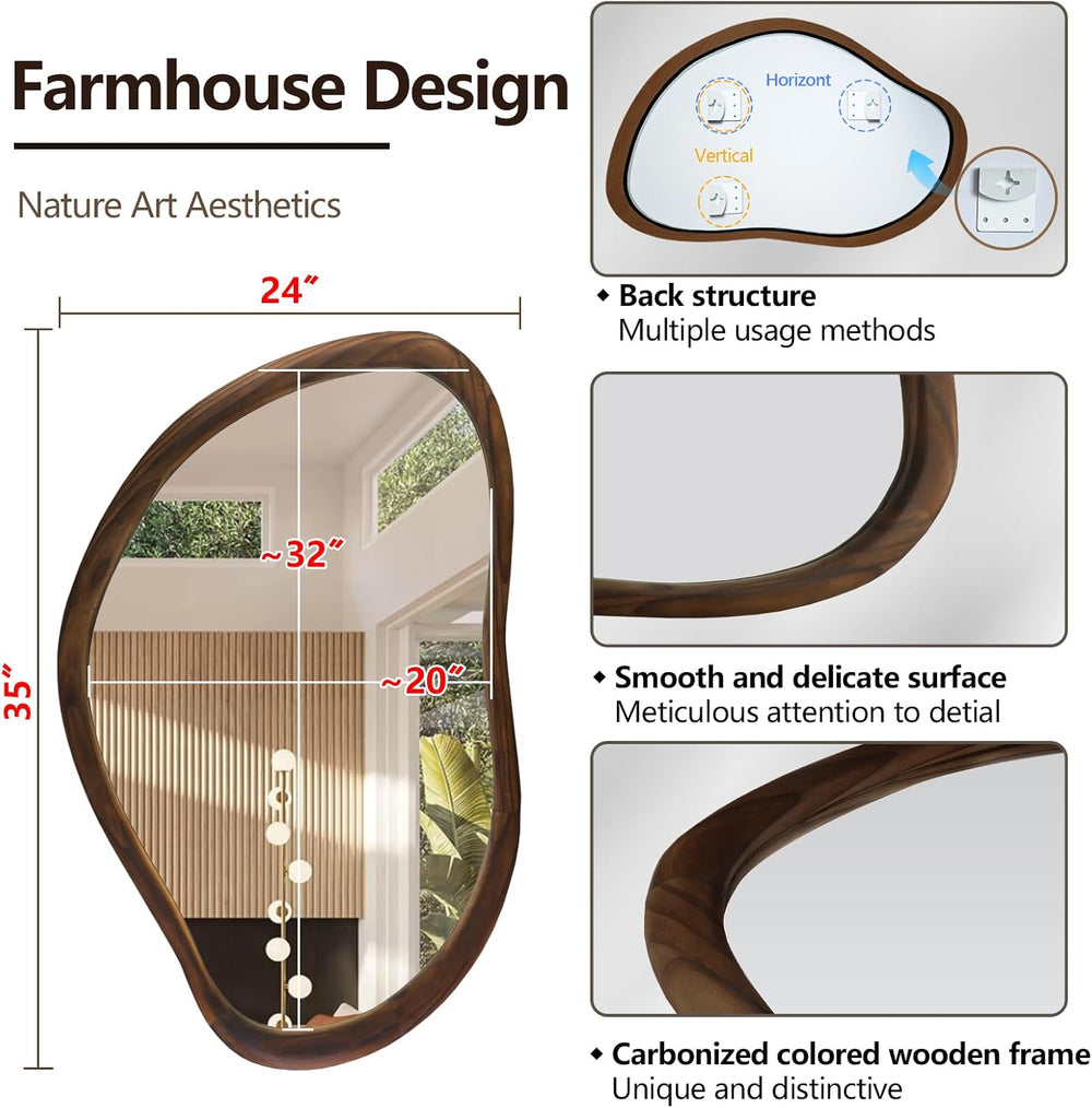 35"x24" Irregular Wall Mirror, Dark Walnut Wood Bathroom Mirror