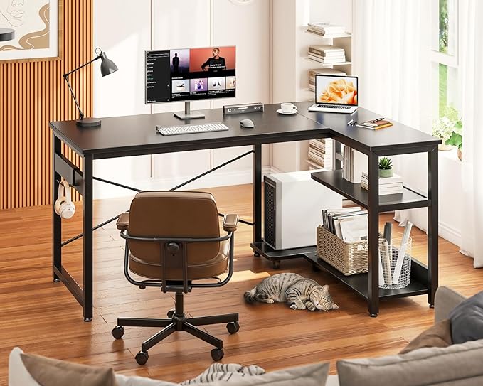 Casaottima L Shaped Computer Desk, 40 Inch Small Corner Desk with Storage Shelves & PC Stand, Reversible Gaming Desk for Bedroom, Modern Writing Study Table for Home Office, Black