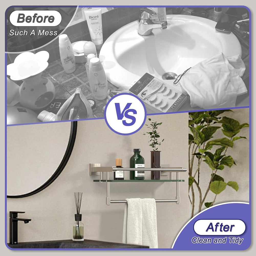 16-Inch Modern Glass Shelf with Towel Bar, 1-Shelf, Brushed Nickel Finish, Wa...