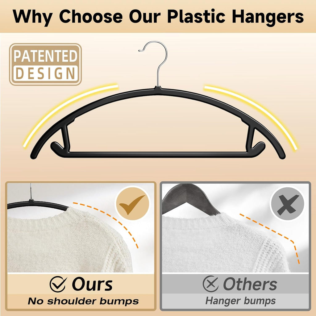 MIZGI Premium Plastic Hangers (Pack of 50) Heavyduty- Black No Shoulder Bump Suit Hangers - Space Saving Clothes,Rounded Hanger for Coat,Sweater,Jackets,Pants