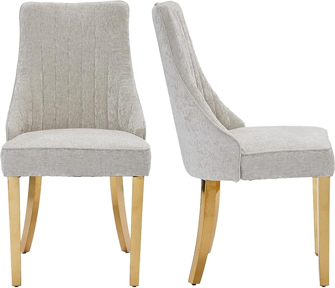 Beige Mid Century Dining Chairs Set of 2, Modern Kitchen & Dining Room Chairs Set of 2, Chenille Fabric Upholstered Kitchen Chairs, Sillas de Comedor, Gold Legs (Beige, 2 Pcs)