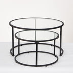 Modern Nesting Glass Coffee Table Set of 2, Round Tempered Glass Coffee Table for Living Room & Bedroom, Space-Saving Design with Adjustable Feet (Large Size + Black Frame)
