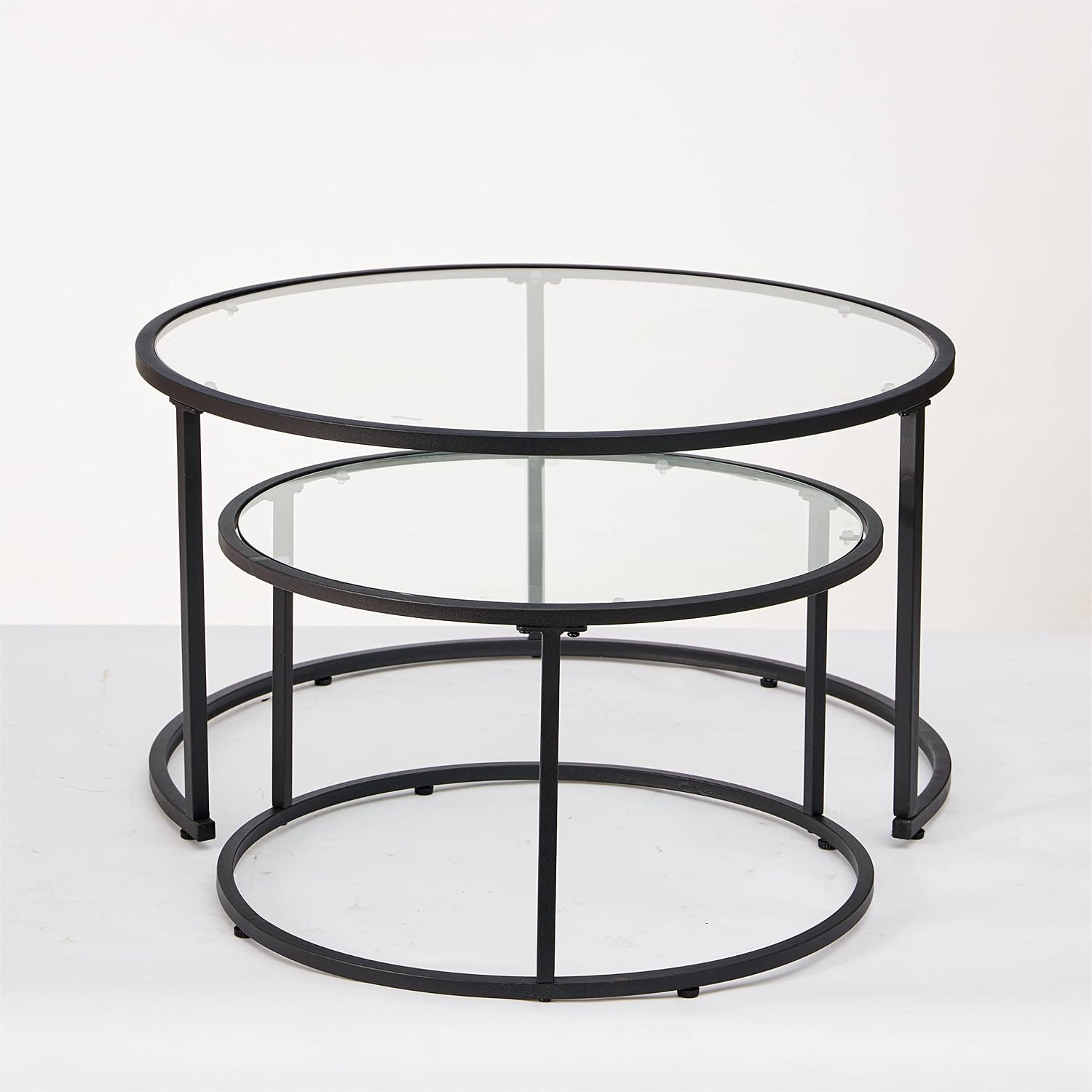 Modern Nesting Glass Coffee Table Set of 2, Round Tempered Glass Coffee Table for Living Room & Bedroom, Space-Saving Design with Adjustable Feet (Large Size + Black Frame)