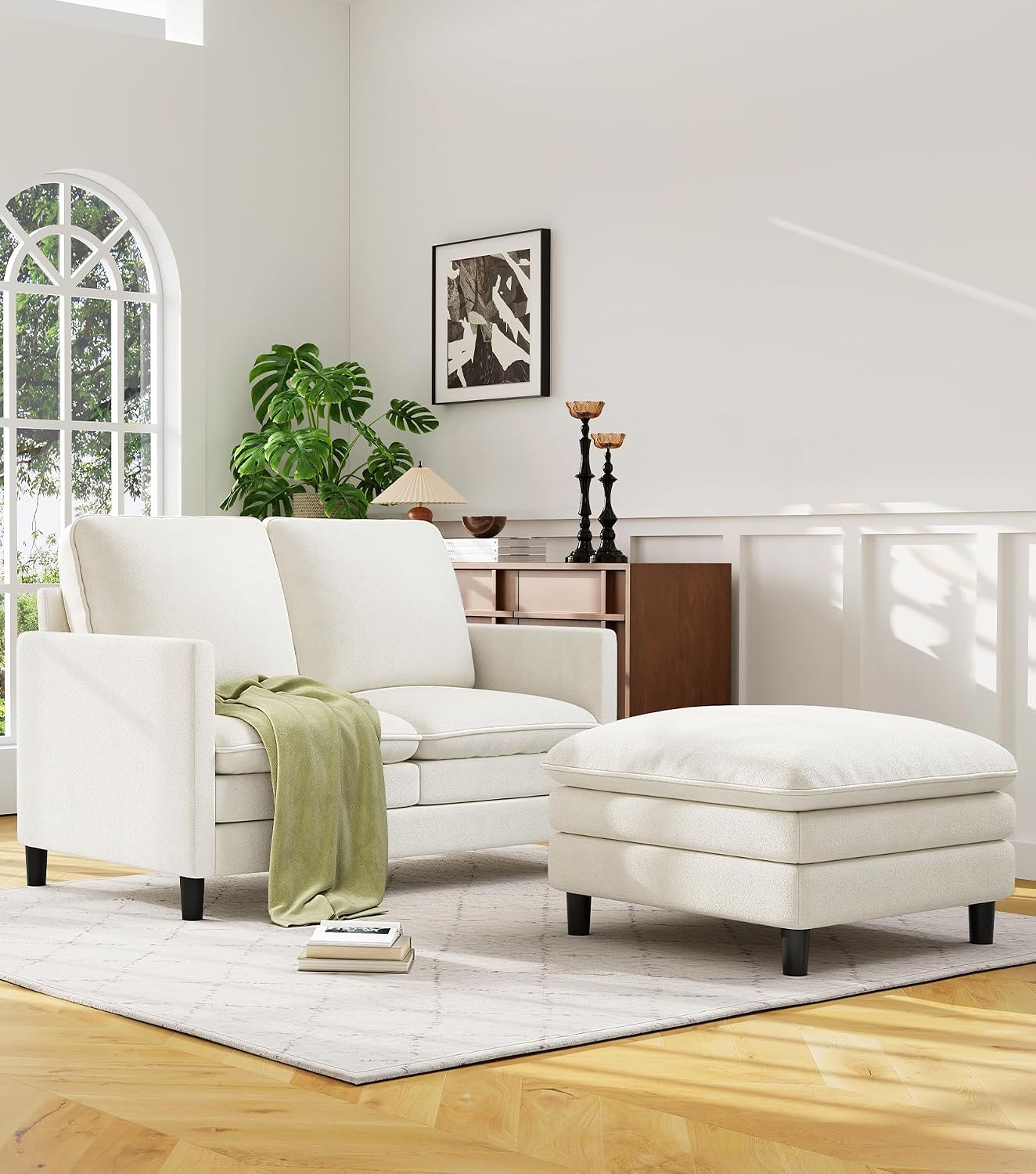 Welzona 3-Layers Cloud L Shaped Couch, 51" Teddy Sofa and Loveseat Set | Comfy Teddy Fabric, Washable Covers, Tool-Free Setup, All-wood Cloud Couches for Living Room, Bedroom, Small Spaces, Beige