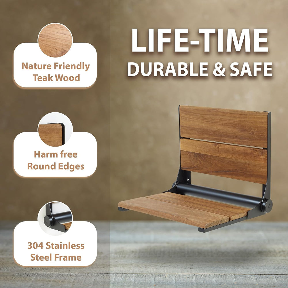 Teak Shower Seat - Type 304 Stainless Steel/Contoured 1" Natural Wood Sl...