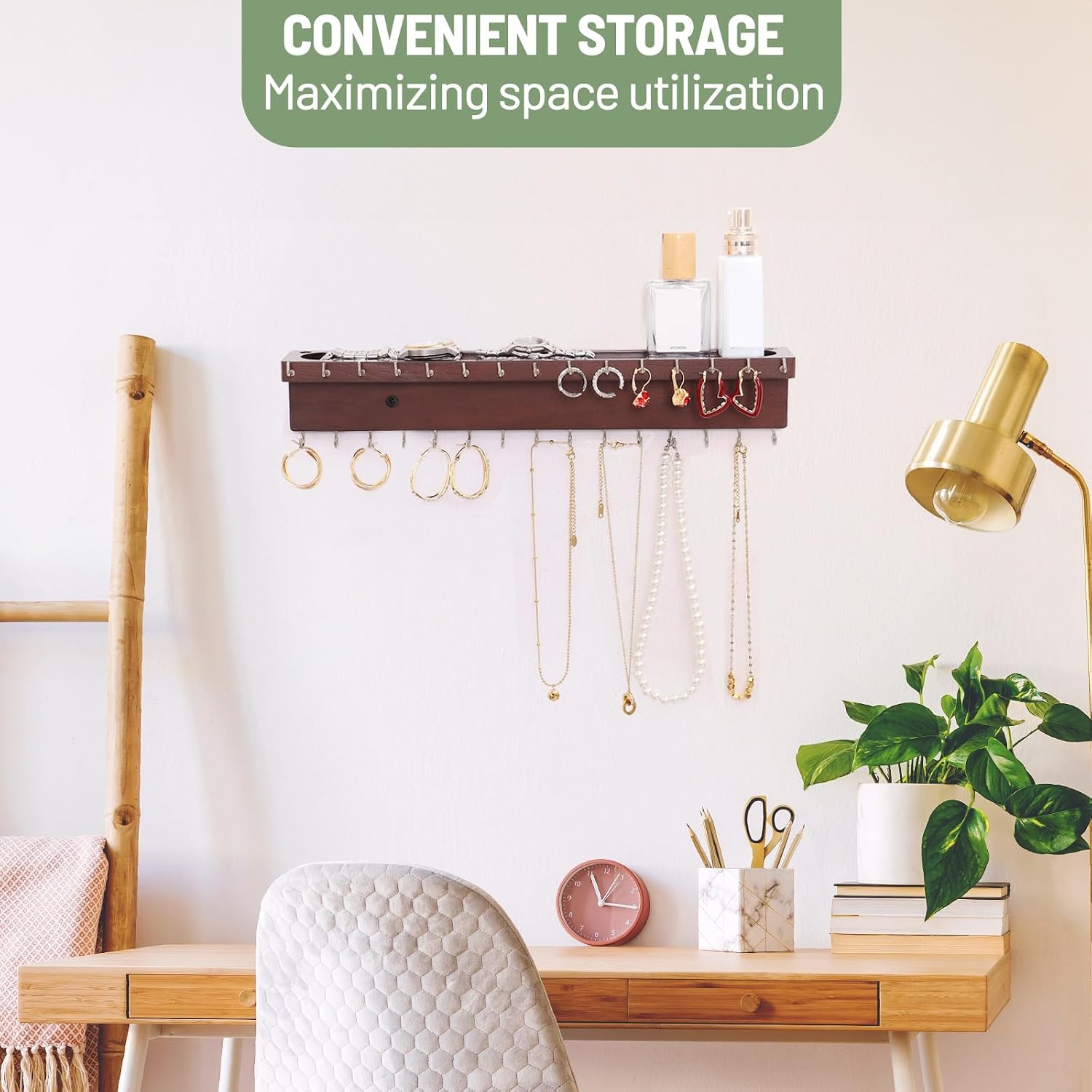 Necklace Holder Organizer Wall Mount,Jewelry Holder Organizer with 30 Hooks,Oak Jewelry Organizer and Storage for Necklaces,Bracelets and Rings (Dark Walnut)