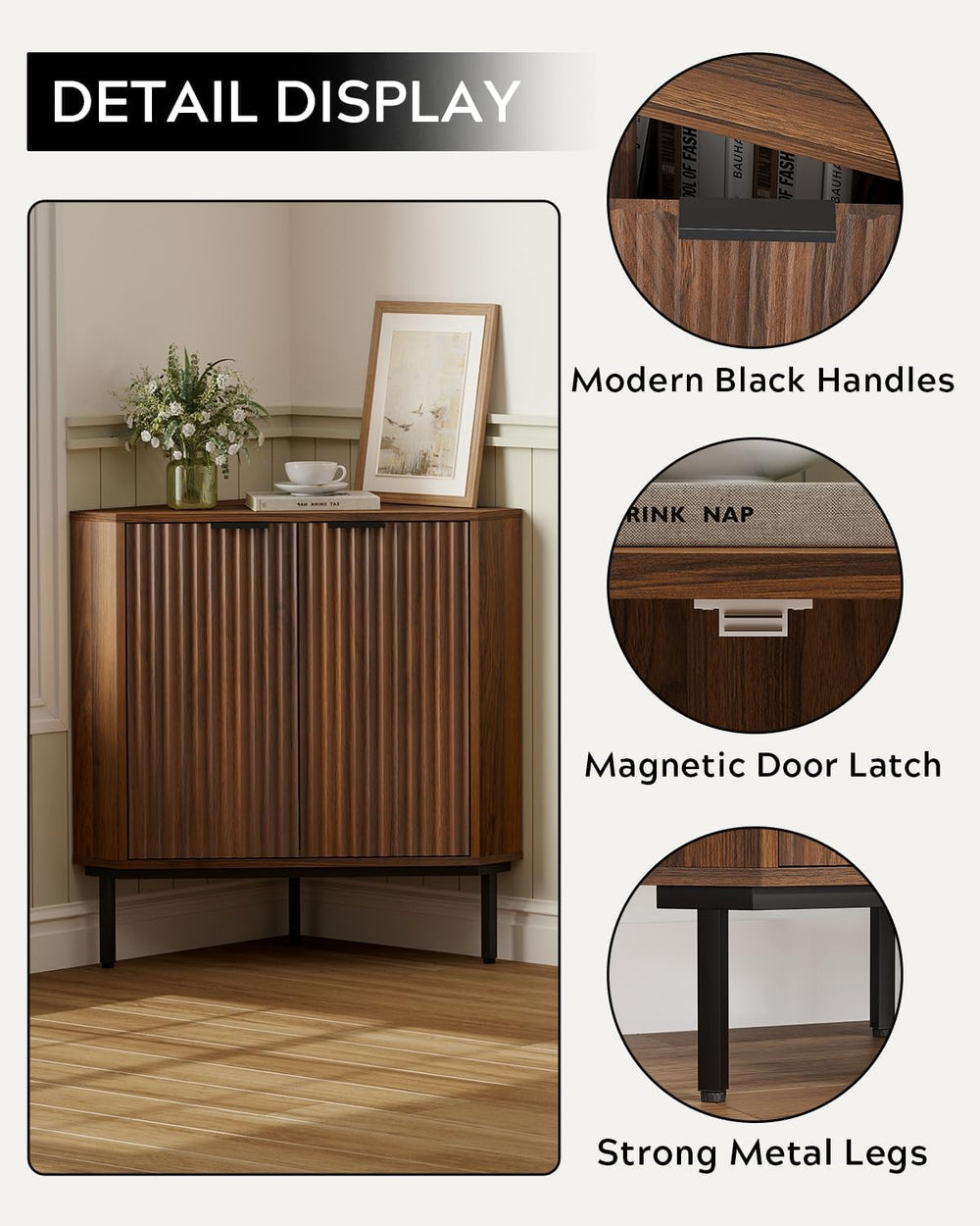 Fluted Corner Cabinet, Modern Small Floor Storage Cabinet with Adjustable She...