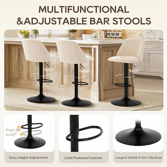 COLAMY Bar Stools Set of 1, Modern Swivel Bar Chairs, Adjustable Upholstered ...