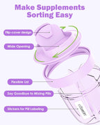 Cute Pill Organizer,Pill Dispenser with 7 Large Compartments,Portable Pill Bottle Box with Wide Opening for Easy Use, Anti-Mix Pills Organizer for Travel,Includes 20 Pcs Sticky Labels（Purple）