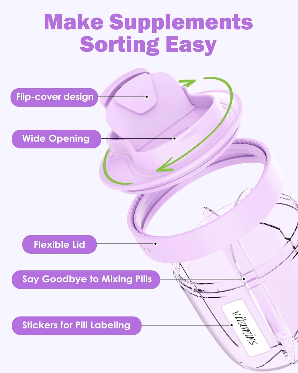 Cute Pill Organizer,Pill Dispenser with 7 Large Compartments,Portable Pill Bottle Box with Wide Opening for Easy Use, Anti-Mix Pills Organizer for Travel,Includes 20 Pcs Sticky Labels（Purple）
