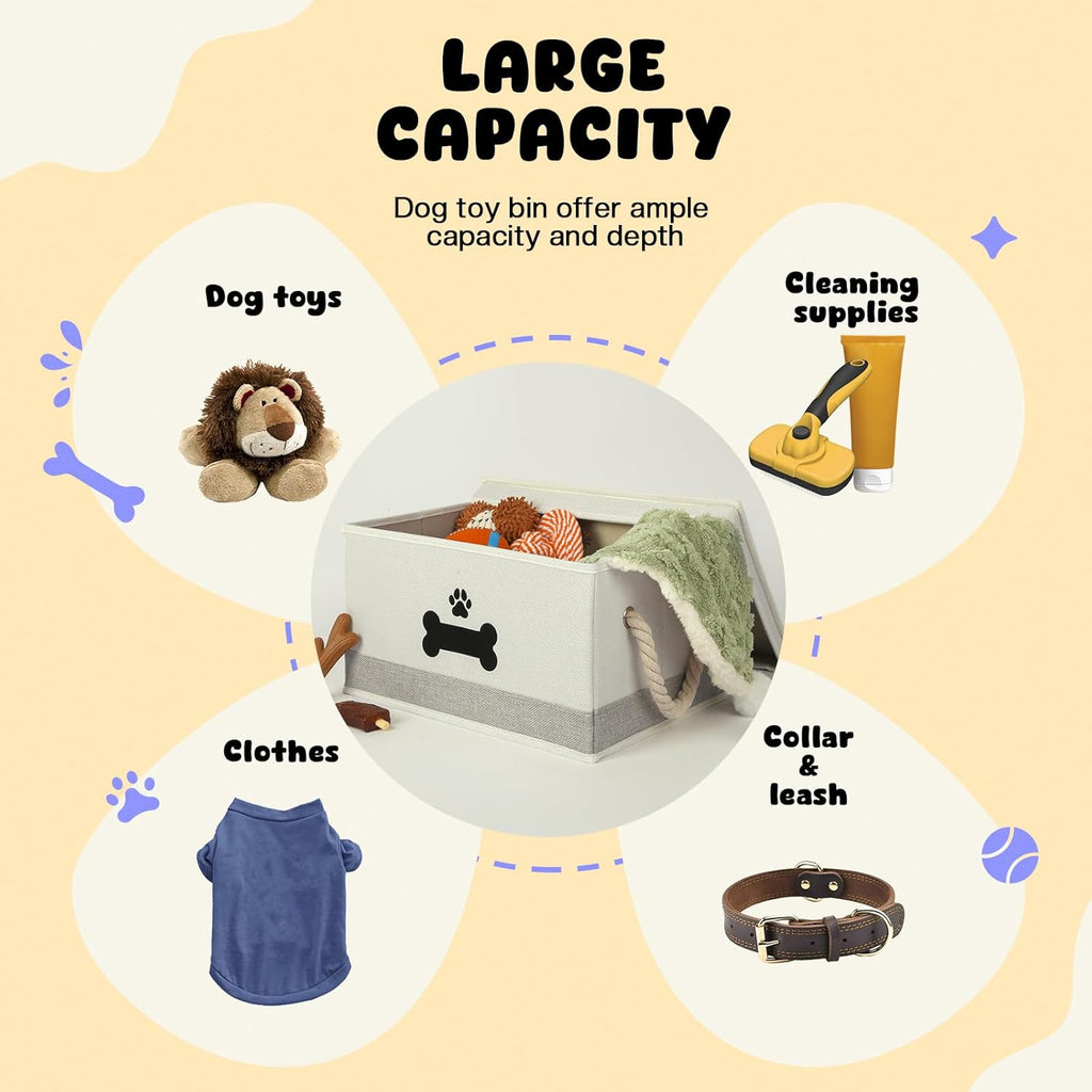Dog Toy Basket with Lid, Dog Basket for Toys, Dogs Toy Box with Cotton Rope Handles, Collapsible Storage Bins for Pet Toys, Dogs Storage Organizer, Beige&Gray