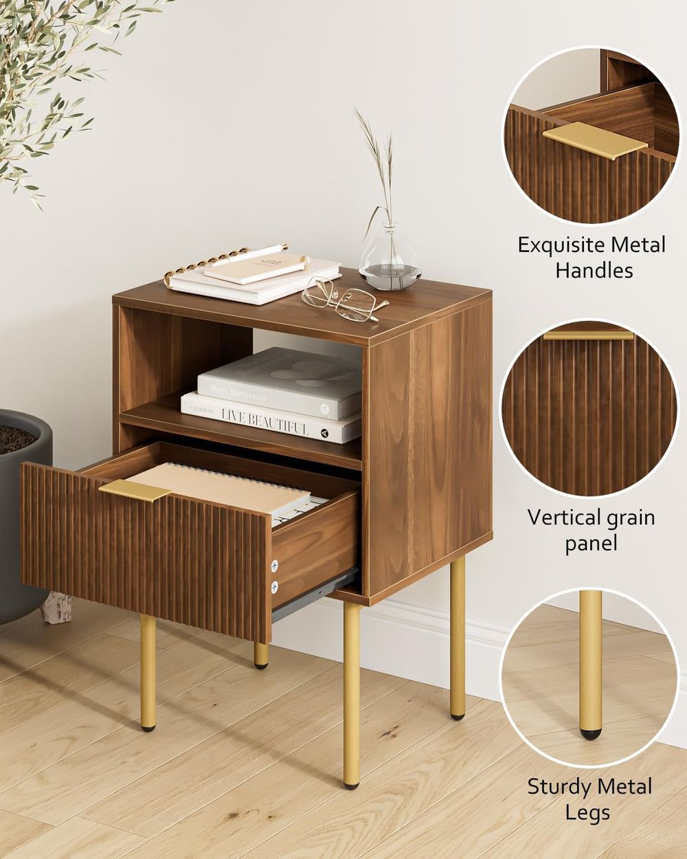 Masupu Night Stand,Mid-Century Modern Bedside Table with Storage Drawer and O...