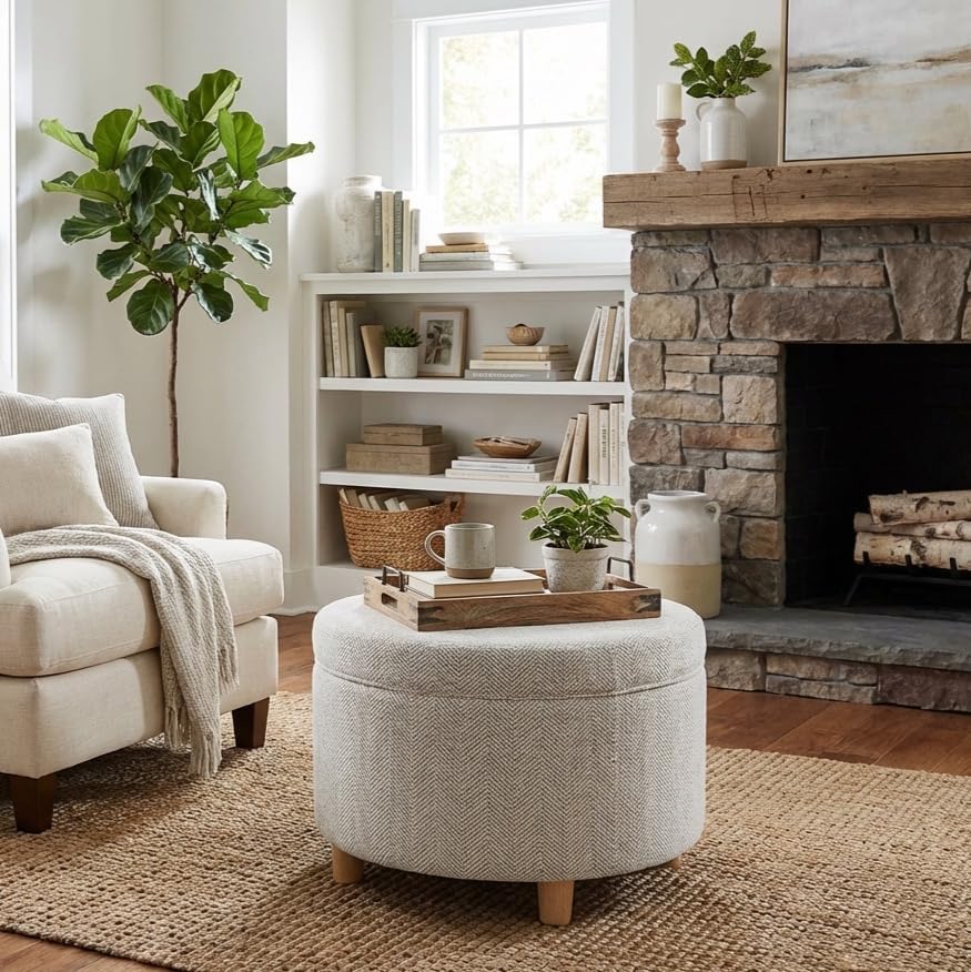 Homepop Home Decor | Upholstered Round Storage Ottoman | Ottoman with Storage...
