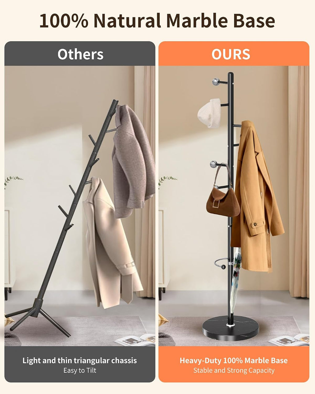 ZOZOE Metal Coat Rack Stand, Modern Coat Rack Freestanding with Natural Marble Base, Sturdy Industrial Coat Racks with 8 Hooks & Umbrella Holder,Black Coat Tree Hanger Stand for Entryway,Office