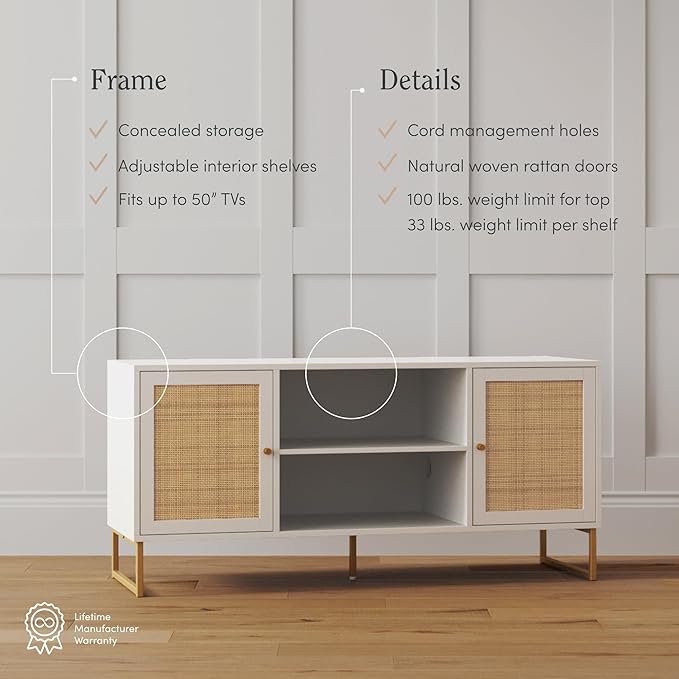 Nathan James Mina Modern TV Stand, Entertainment Cabinet, Media Console with a Natural Rattan Storage Doors, White Finish and Gold Brass Accents for Living Room or Media Room, White/Gold