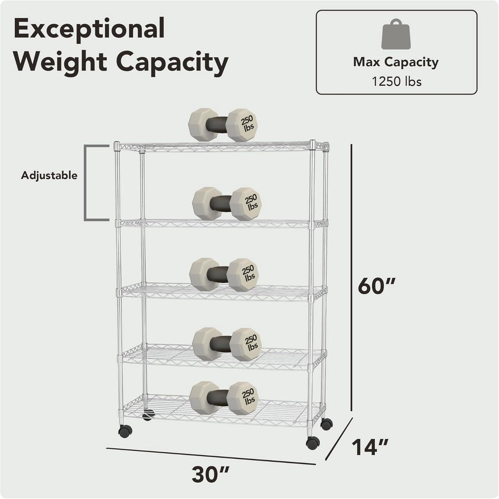 Displays By Jack 5 Tier Heavy Duty Wire Shelving Unit Storage Rack for Products Plant Pantry, Garage, Laundry Racks Durable Shelf Organizer Shelves Stand 14" W x 30" L x 60" H, Chrome