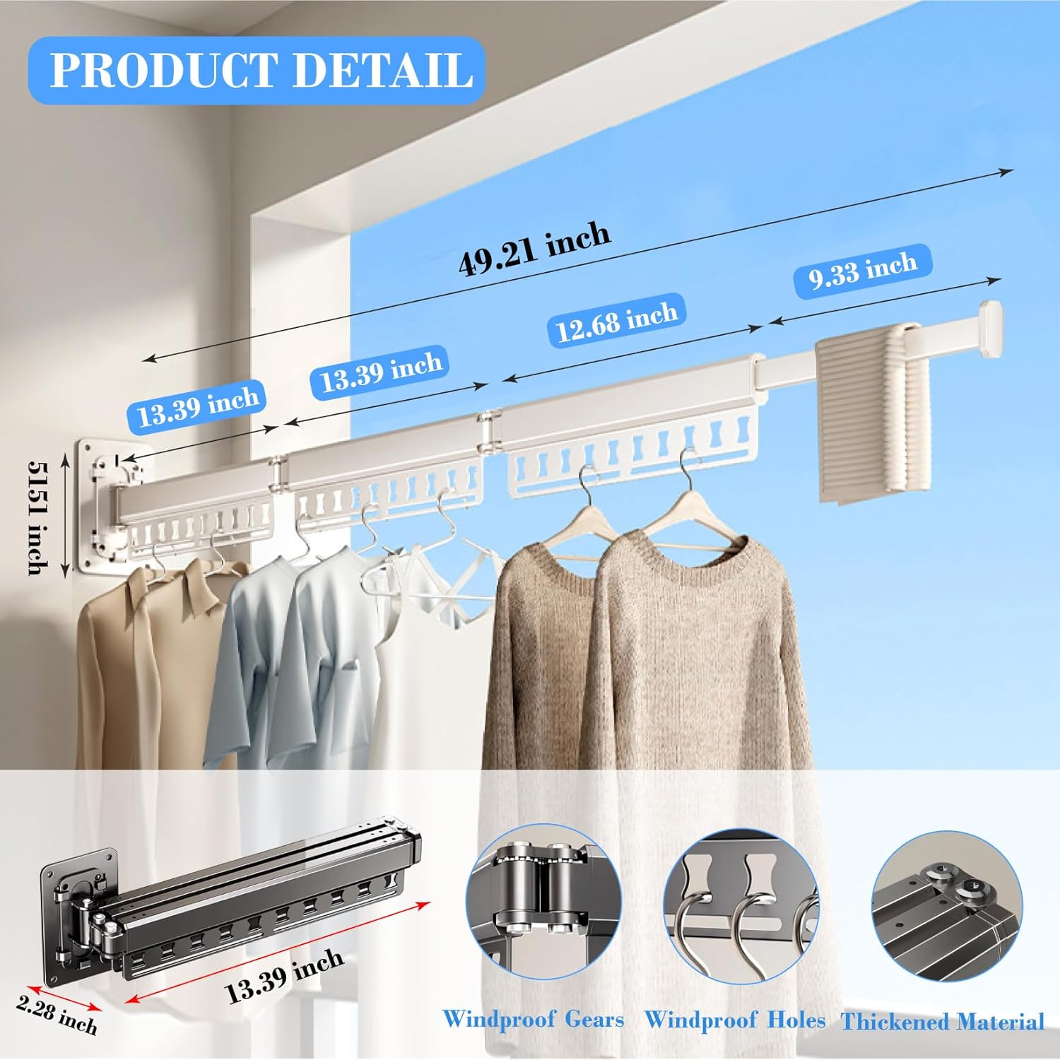 Clothes Drying Rack Wall-Mounted, 3-Fold Retractable Clothes Hanger with Windproof Holes & Detachable Design, Sturdy Foldable Laundry Rack for Balcony, Bathroom Use (Cream White)