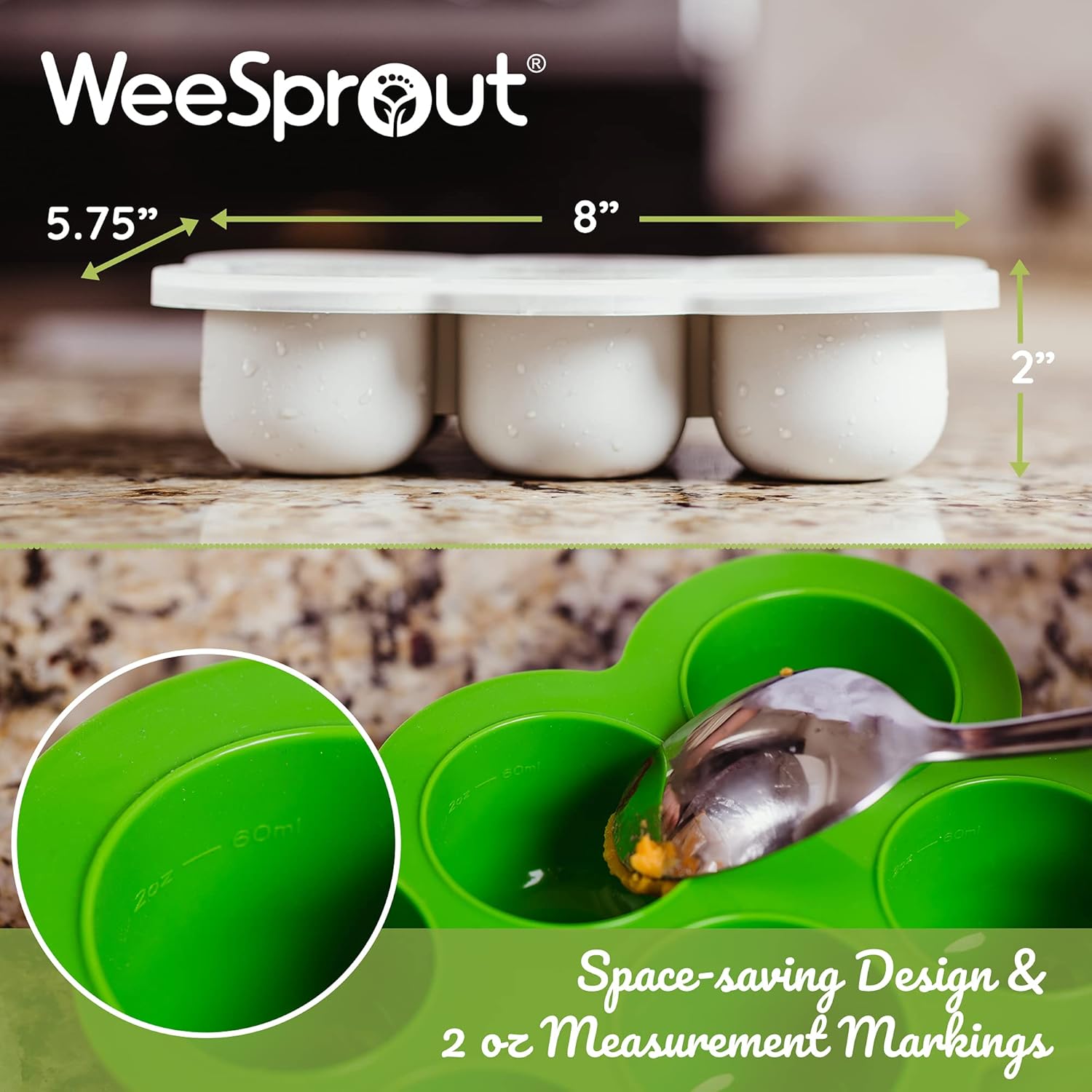 WeeSprout Silicone Freezer Tray with Clip on Lid Perfect Food Storage Container for Homemade Baby Food, Vegetable, Fruit Purees, and Breast Milk (Bright Pink, Six 3 Ounce Sections)