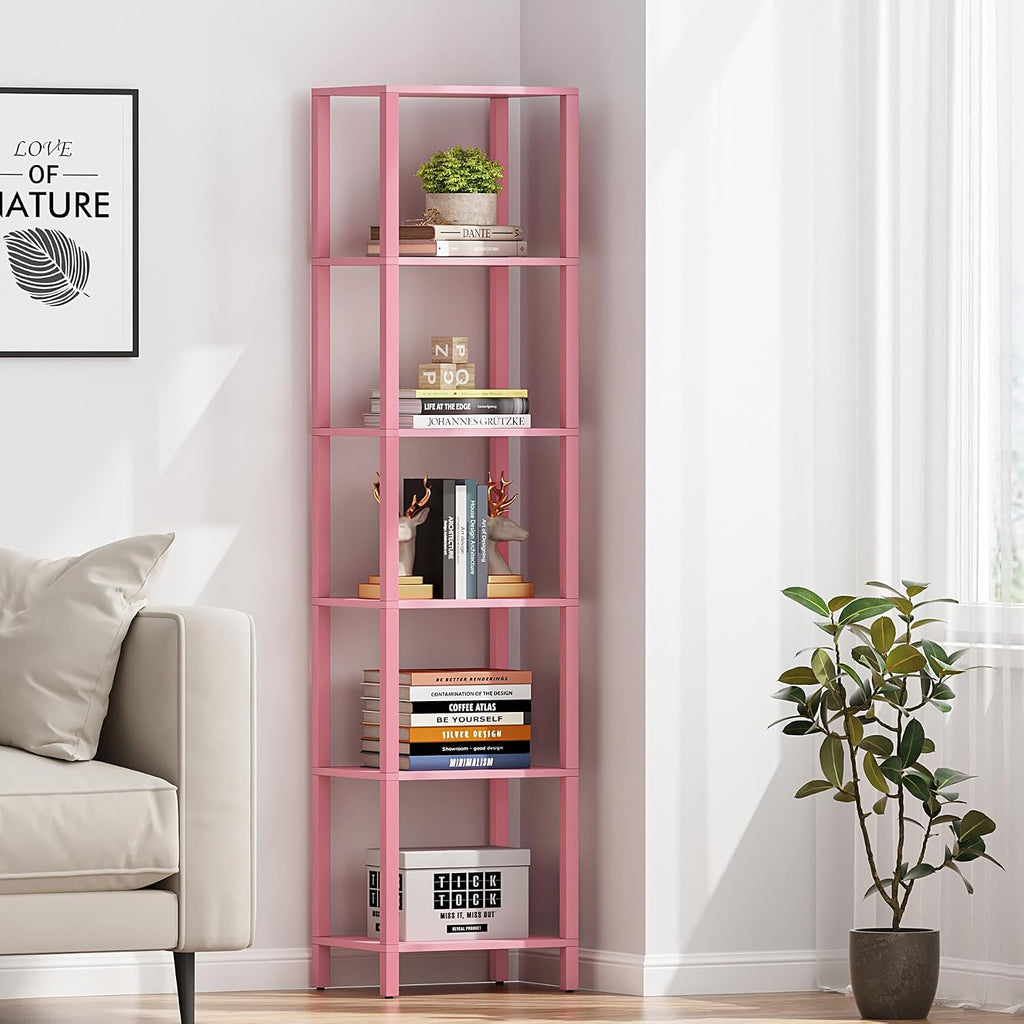 TUTOTAK Bookshelf, 6-Tier Tall Narrow Book Shelf for Small Space | 10.7 x 14.5 x 65.3 Inches Skinny Display Shelf with Storage for Living Room, Office, Study, Entryway, Pink BS01BP006