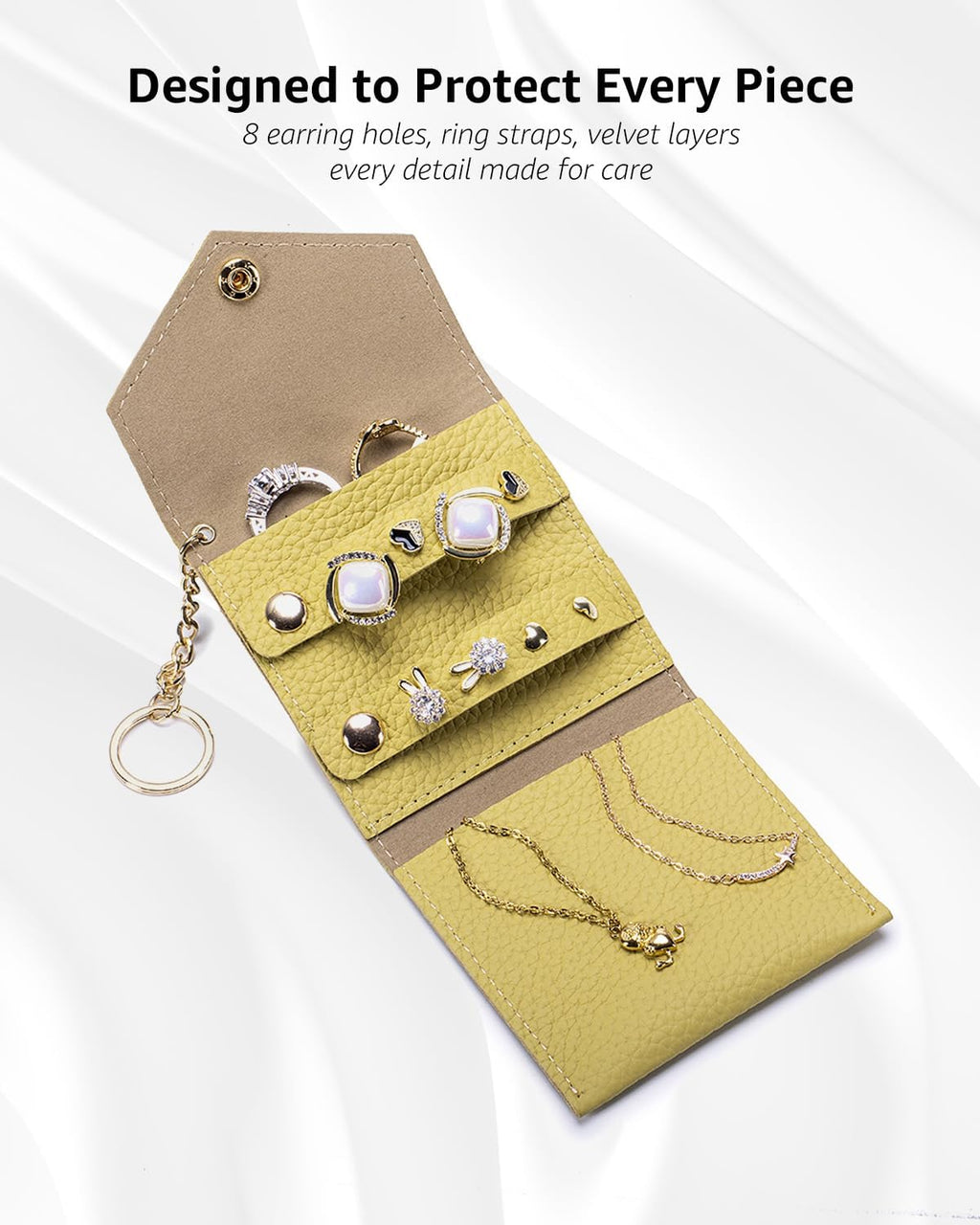 Small Travel Jewelry Organizer Case for Women, Genuine Leather Mini Jewelry Roll with Keychain, Portable Earring Ring Necklace Storage Pouch for Short Trips & Daily Use (Lemon Yellow)