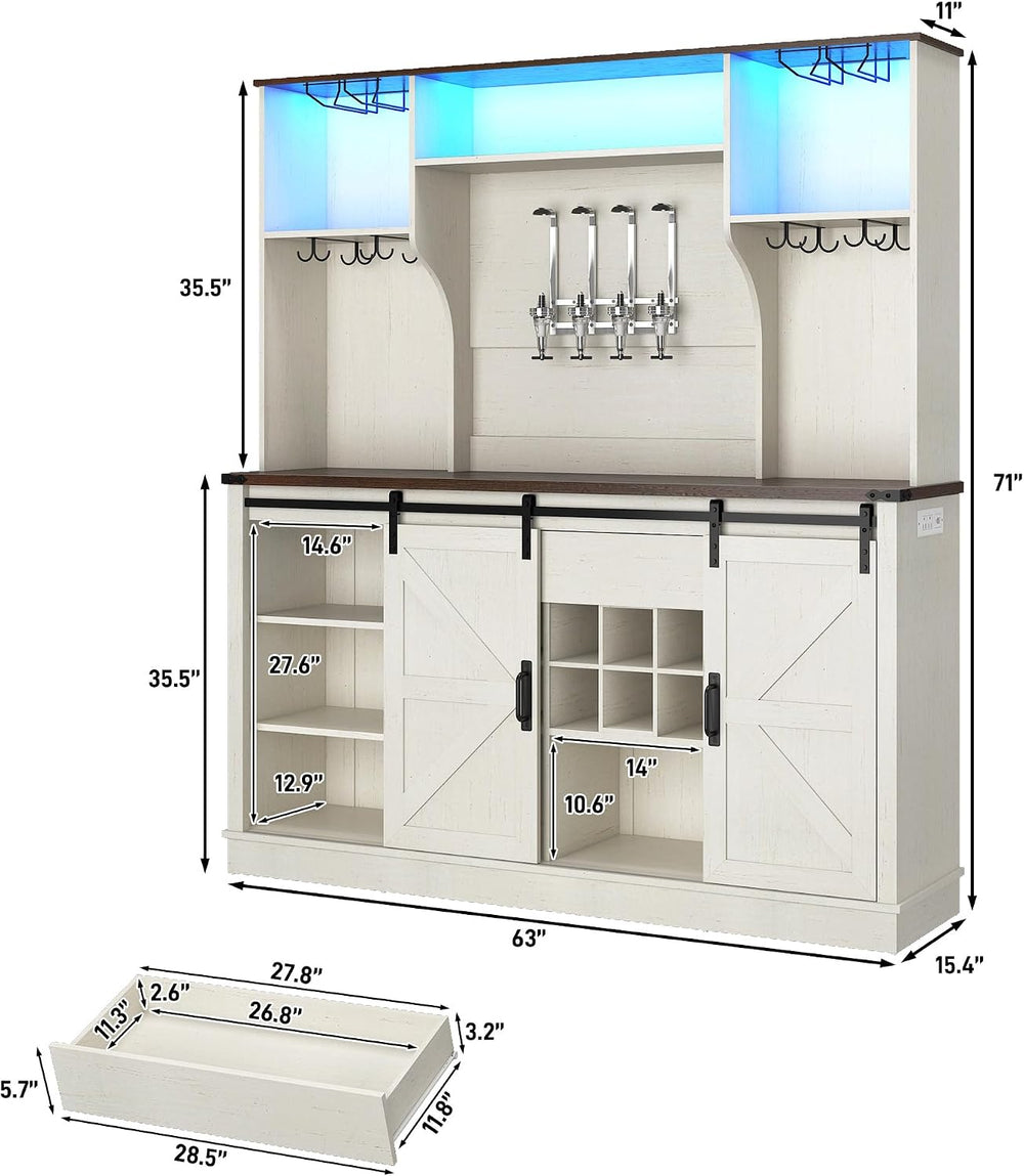 Farmhouse Coffee Bar Cabinet with LED Light, Charging Station & Sliding B...