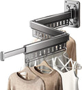 Clothes Drying Rack Wall-Mounted, 3-Fold Retractable Clothes Hanger with Windproof Holes & Detachable Design, Sturdy Foldable Laundry Rack for Balcony, Bathroom Use (Gunmetal Gray)
