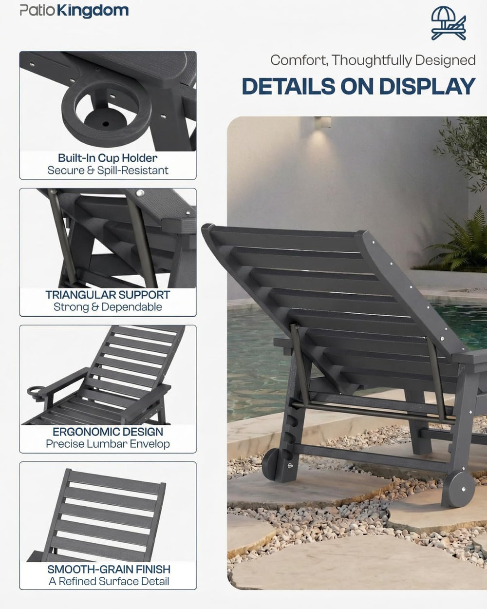 5-Position Adjustable Lounge Chair Outdoor, HDPE Outdoor Chaise Lounge with C...