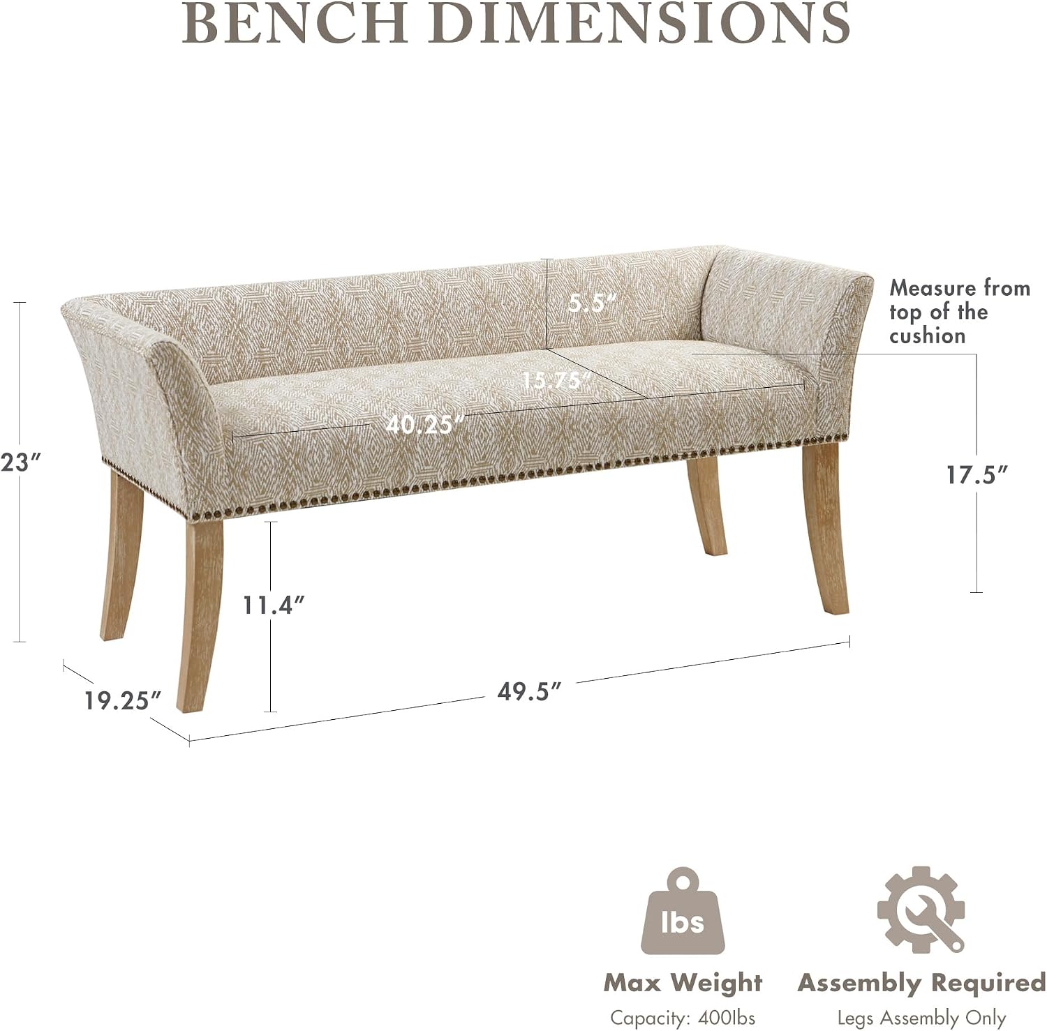 Madison Park Accent Bench for Living Room, Upholstered with Nailhead Trim, & Padded Seat Entryway Bench Small, End of Bed Bench with Back, 49.5" W x 19.25" D x 23" H, Taupe Multi