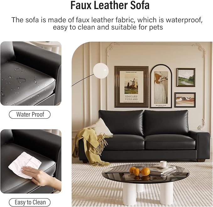 Faux Leather Couch, Mid Century Modern Comfy Loveseat Sofa with Wide Arm, Side Pockets, Solid Wooden Frame for Office, Living Room and Bedroom, 3 Seater (Black, 88.58 inches)
