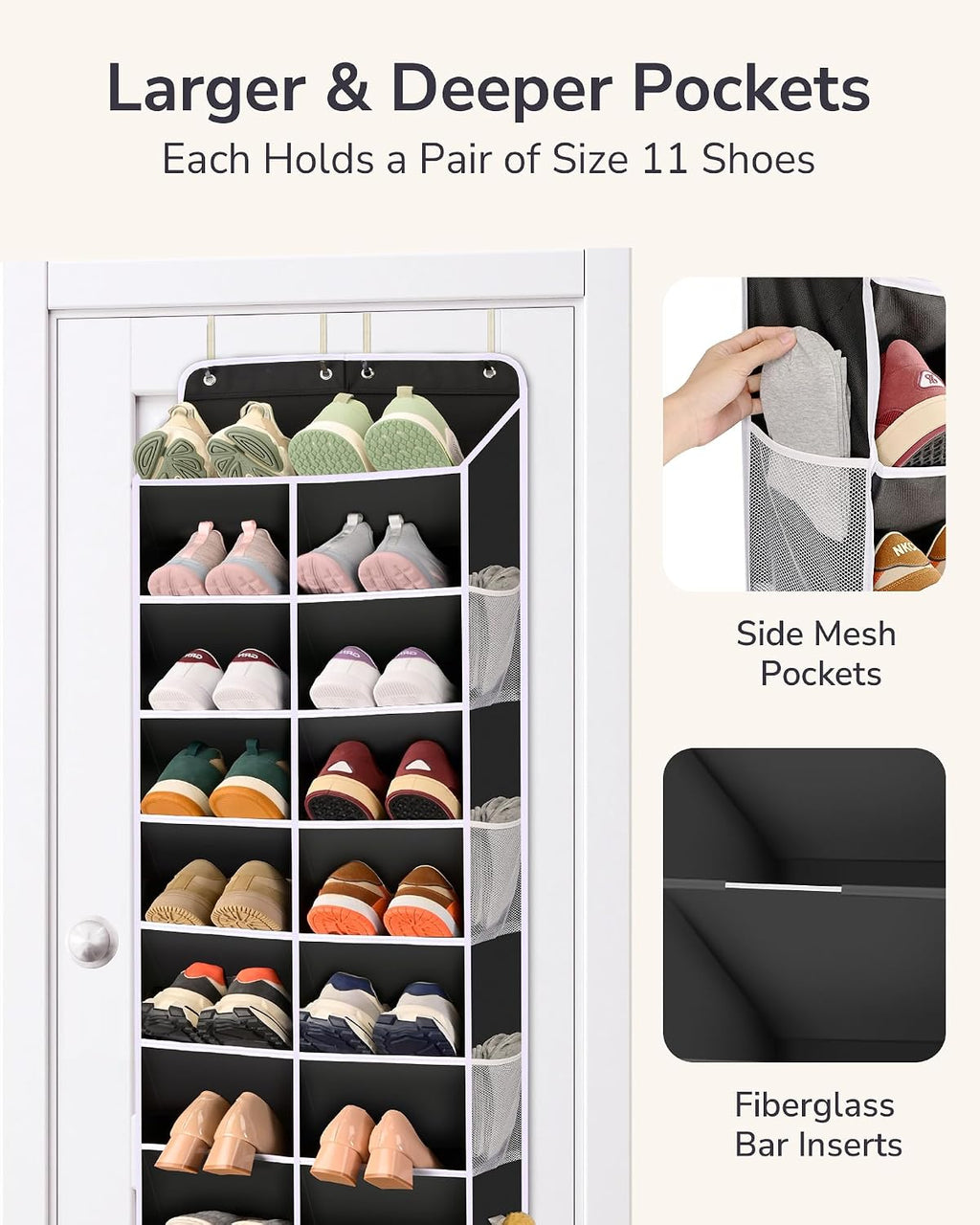 ULG Over The Door Shoe Organizer with 16 Large Pockets, Hanging Shoe Rack for Closet Door, Space Saving Shoe Storage Black