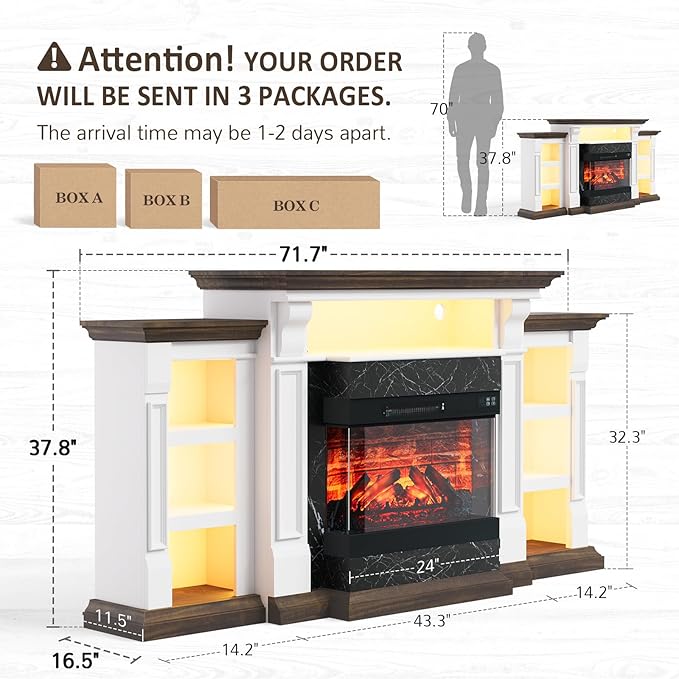 Naice 72" Electric Fireplace with Mantel and Cabinets, Fireplace TV Stand for TVs up to 80", LED Light & Power Outlet, 3-Side Glass Realistic Flame Insert Heater for Living Room Bedroom