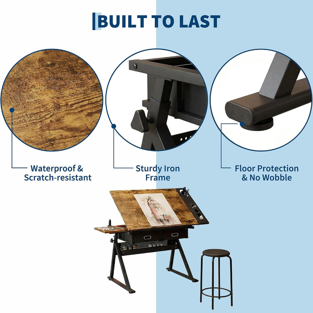 Industrial Minimalist Drafting Desk with Stool | Adjustable Tilting Artist Ta...