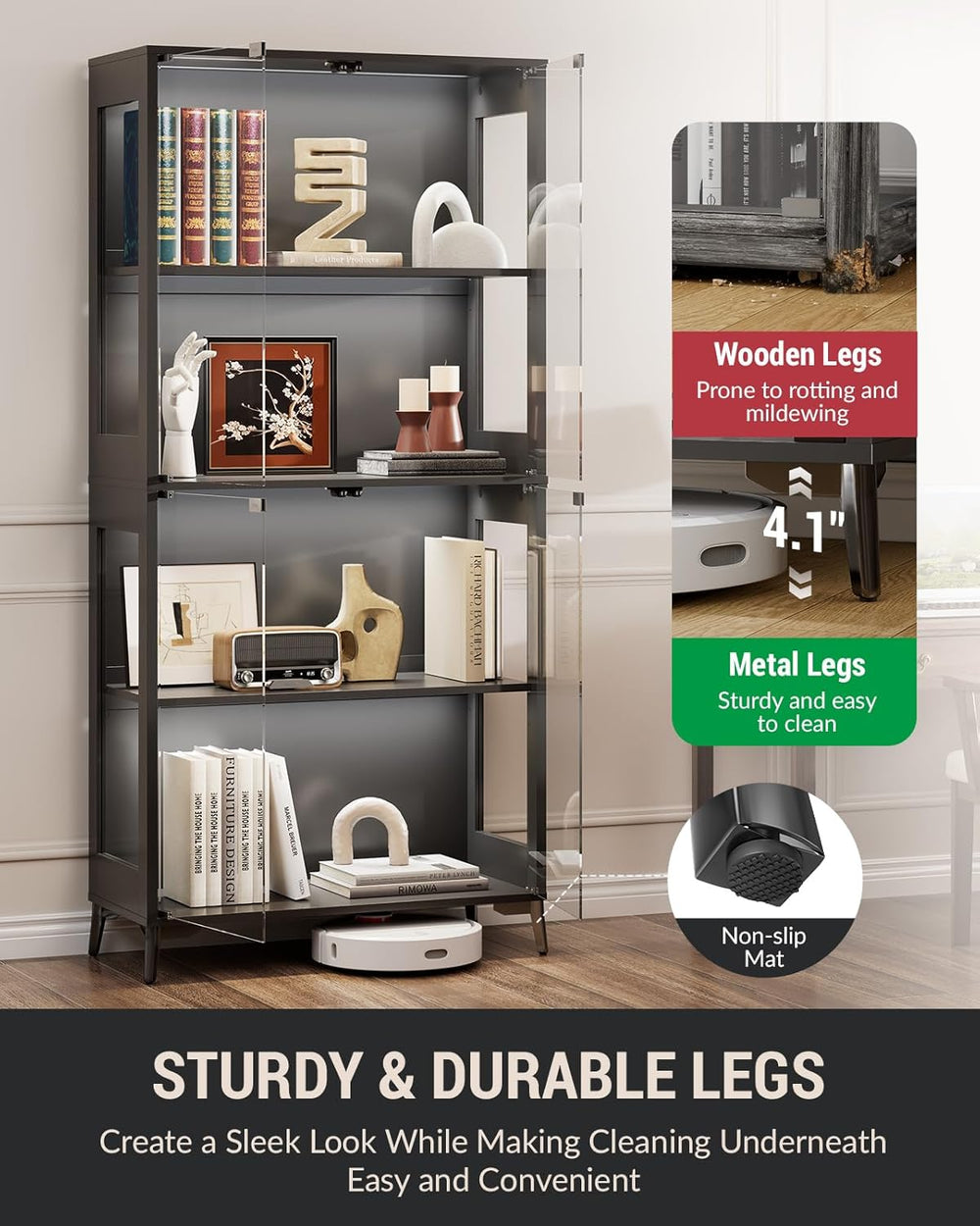 Glass Display Cabinet with Doors, 4-Tier Display Case with Adjustable Shelves...