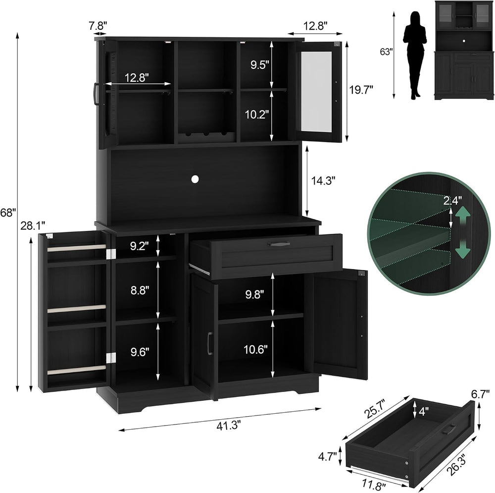 Shintenchi 68" Kitchen Pantry Storage Cabinet, with Microwave Stand, Bla...