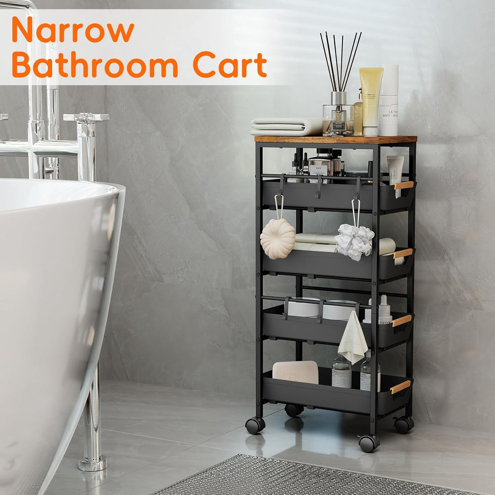5-Tier Slim Storage Cart, Wooden Top Rolling Kitchen Cart with Pull-Out Baske...