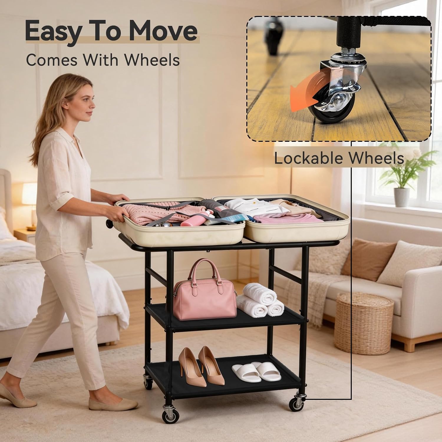 Luggage Rack for Guest Room, 3-Tier Rolling Suitcase Stand with Wheels | Metal Luggage Stand with Storage Shelf, Black Heavy Duty Luggage Holder for Home/Bedroom/Hotel, Easy to Assemble
