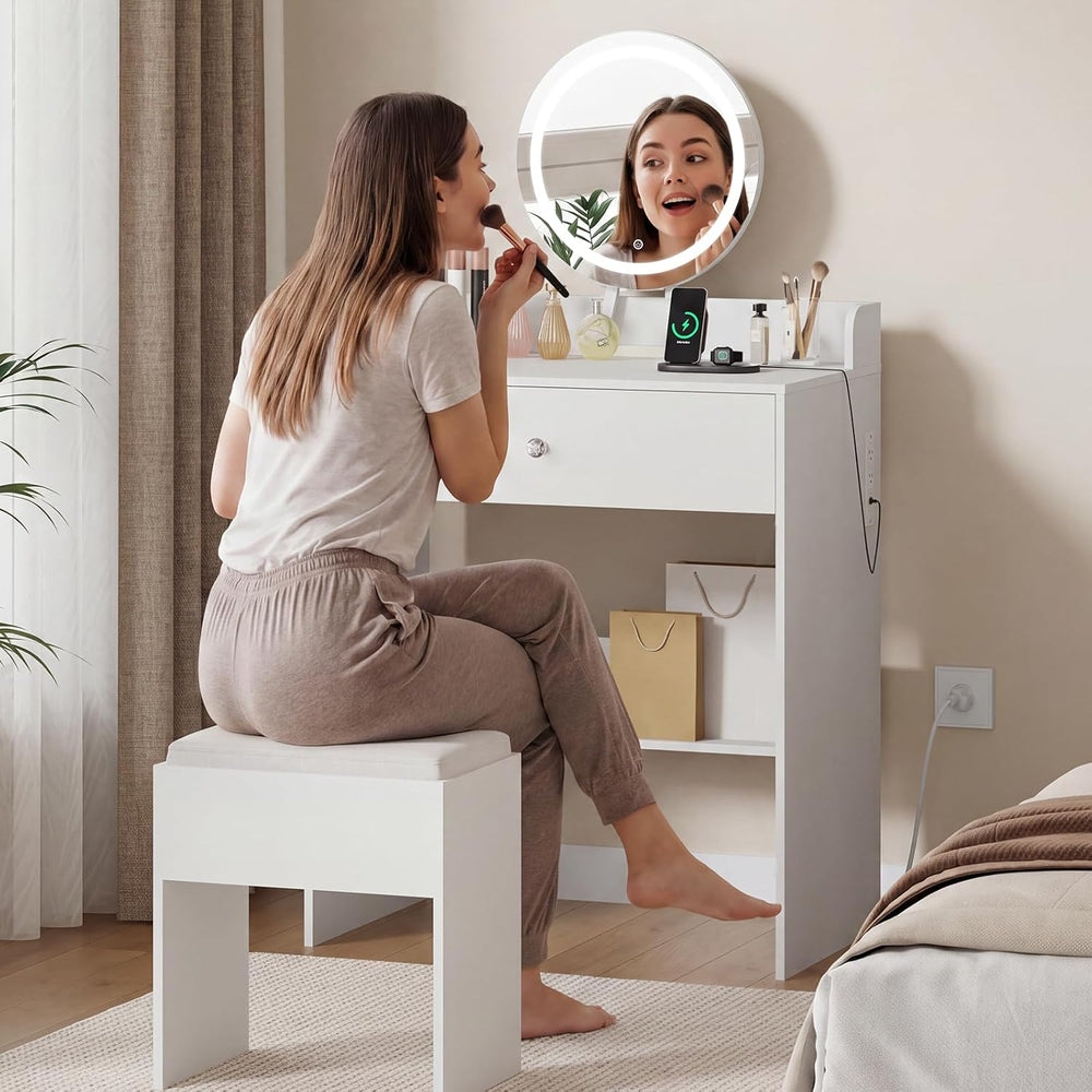 Small Vanity Desk With Power Outlets, Makeup Table for Girls, White | 23.6&qu...