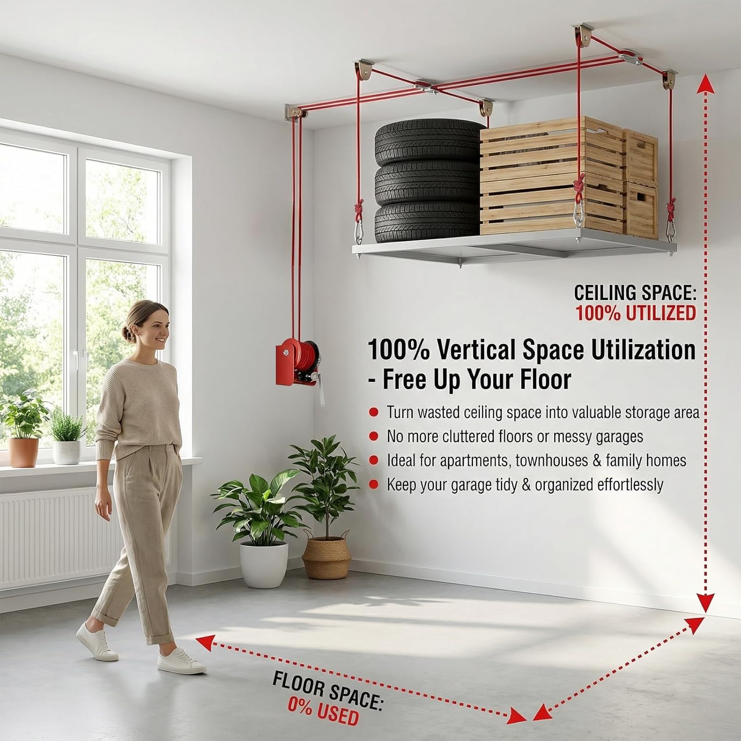 Overhead Garage Storage Lift Hoist, 400 lbs Ceiling Garage Hoist System with Hand Crank, Heavy Duty Double Rope Pulley Lift, Adjustable Garage Organizer for Bikes, Kayaks & Storage Bins (No Platform)