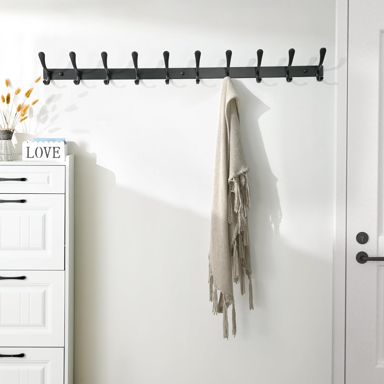 SKOLOO Coat Rack Wall Mounted - 10 Hooks, Heavy Duty, Stainless Steel, Metal Wall Hangers, Sturdy Coat Hooks for Hanging Coats, Jacket, Clothes, Hat, Black
