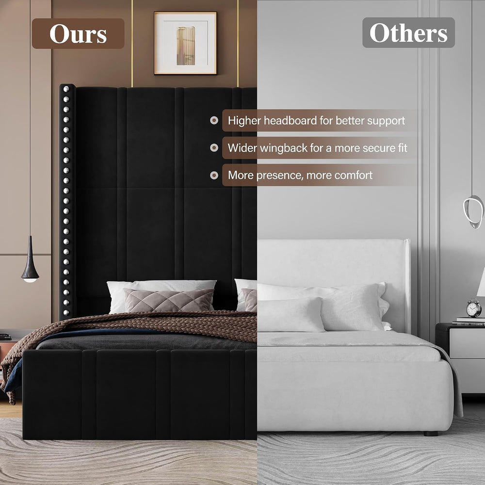 Queen Bed Frame with 65.75" Tall Headboard, Black
