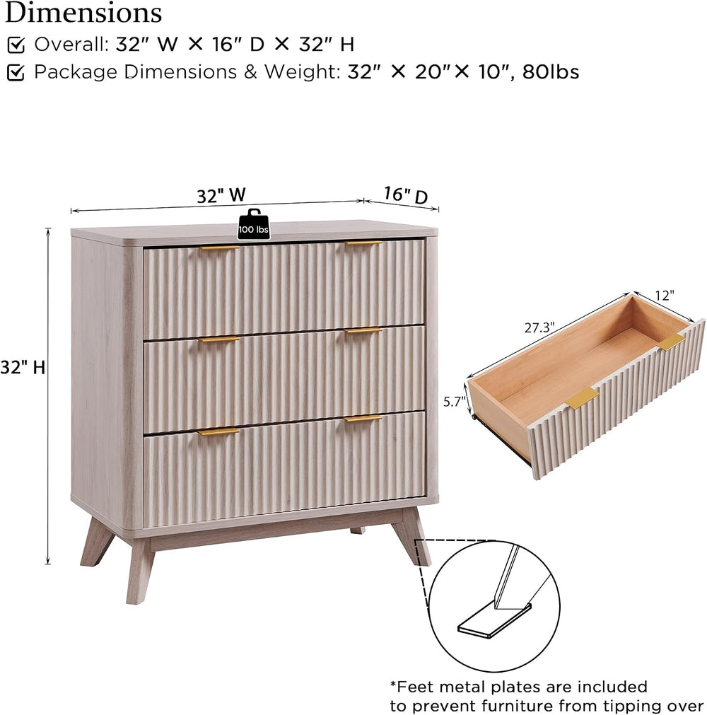 T4TREAM 32" Large Fluted Nightstand with 3 Drawers, White Alder | Oversi...