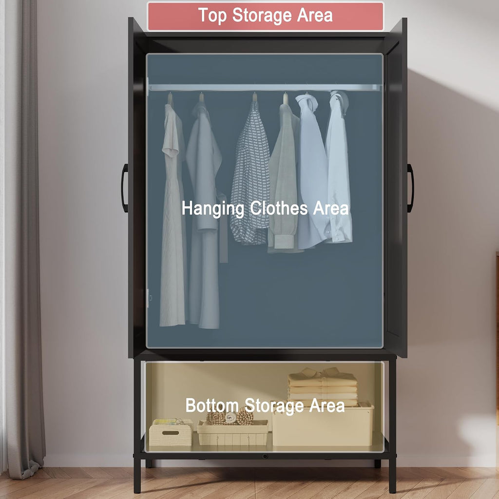 Wooden Wardrobe Closet, 2 Doors Rattan Almirah with Hanging Rail, Soft Hinge, Metal Leg and Bottom Storage Shelf, Practical Closet Organizer for Bedroom (Black)
