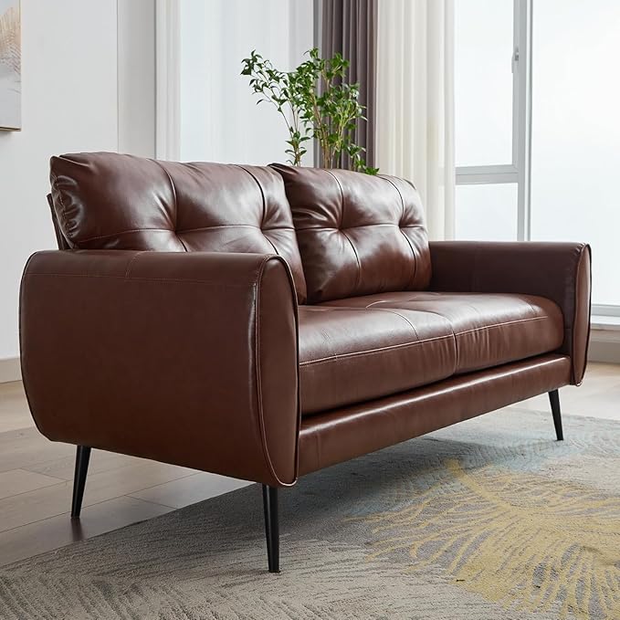 TYBOATLE Sofa Couch 61" Small Loveseat Couches for Living Room Chestnut Brown Leather Couch Mid Century Modern Tufted Mini Sofa Comfy Office 2 Seat Settee Love Seat for Small Spaces Bedroom