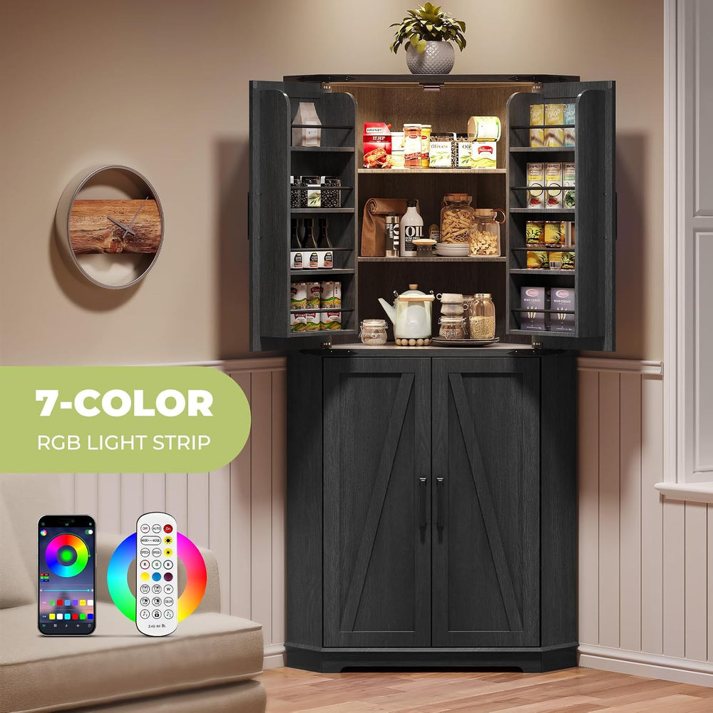 Dripex 71" Black Farmhouse Corner Pantry Cabinet with LED Light, Tall St...