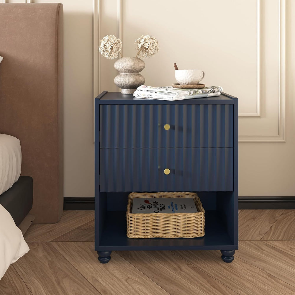 22 inch Tall Blue Nightstand Set of 2, Fluted Bedside Table with 2 Drawers an...